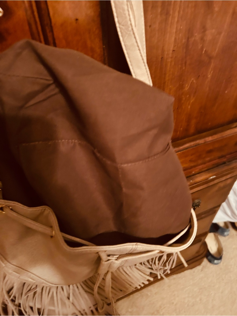 Fringed Drawstring Shoulder Bag - Cream - Picture 3 of 6